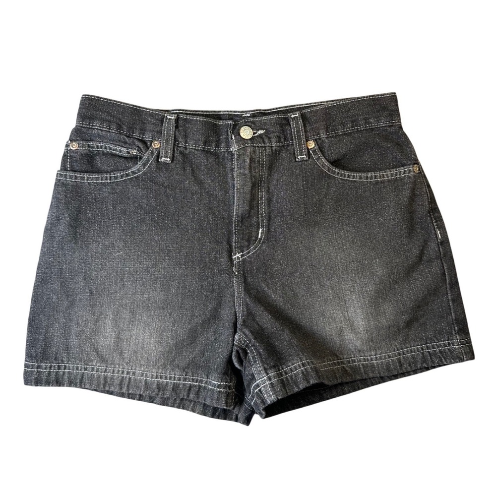 Faded Glory Black Denim Shorts High‎ Waisted Contrast Stitch Size 6 Dark Wash